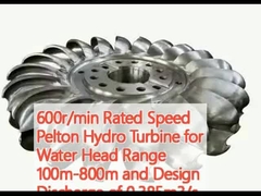 600 r/min Velocidade nominal Turbina hidráulica Pelton para cabeça de água Alcance 100m-800m e descarga de projeto de 0,385m3/s